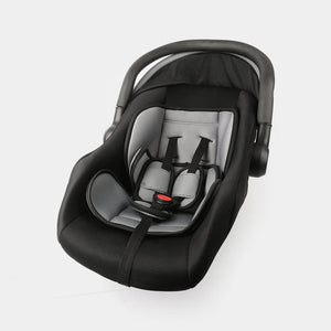 Black and red baby carrycot showing padded seat and safety harness