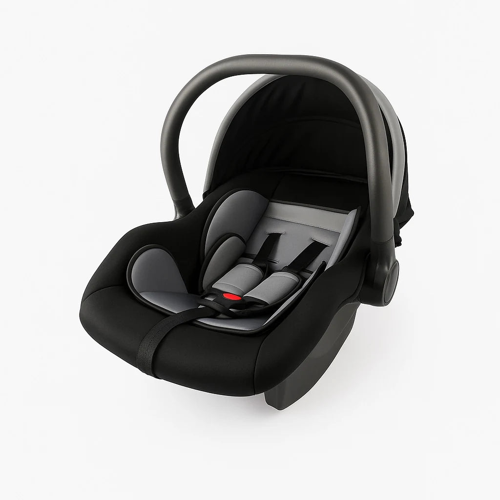 Side view of black and red carrycot with adjustable carry handle