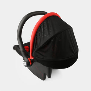 Black and red baby carrycot with protective canopy extended