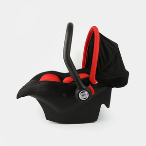 Profile view of lightweight black and red baby carrycot