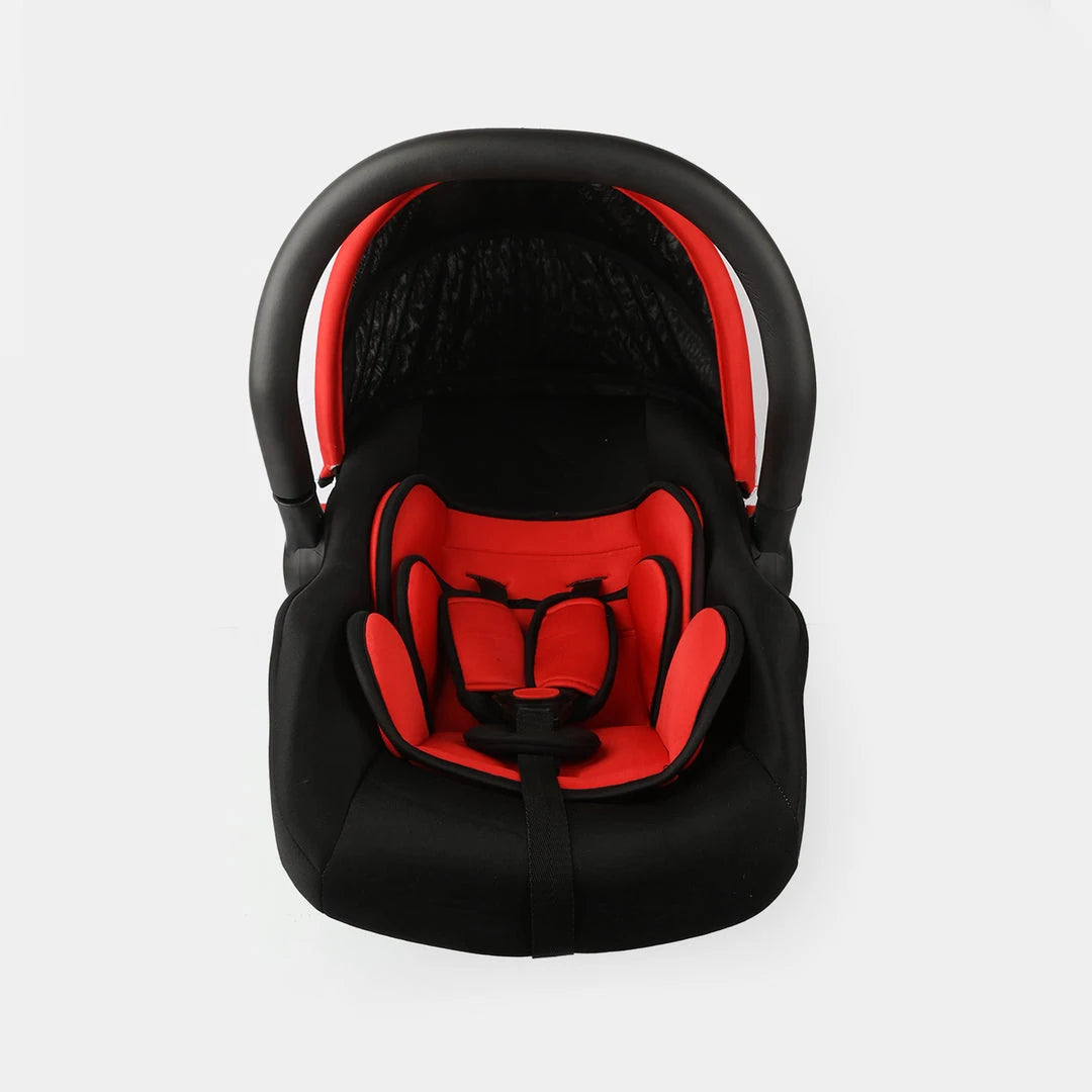 Top view of black and red baby carrycot with padded interior