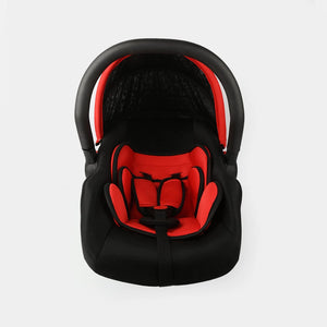 Top view of black and red baby carrycot with padded interior