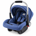 Blue baby carry cot and car seat with stainless steel handle, padded interior and adjustable canopy