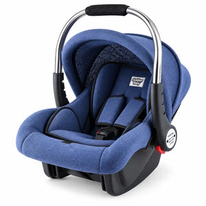 Blue baby carry cot and car seat with stainless steel handle, padded interior and adjustable canopy