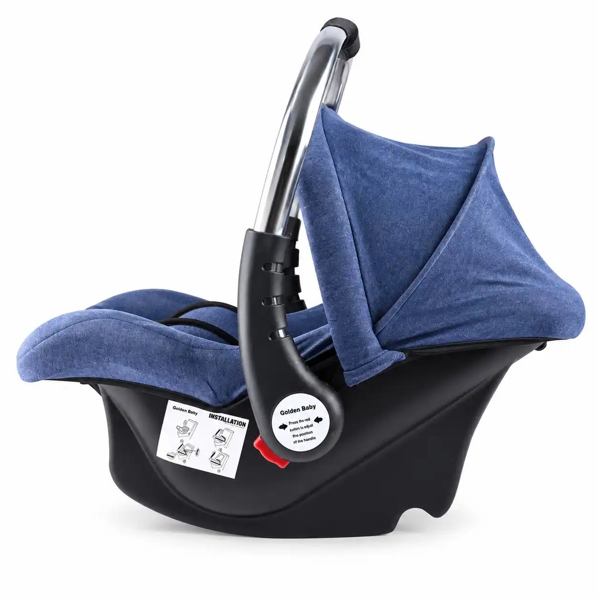 Blue baby carry cot and car seat side view with stainless steel handle and adjustable canopy