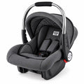 Grey baby carry cot and car seat side view with stainless steel handle and adjustable canopy