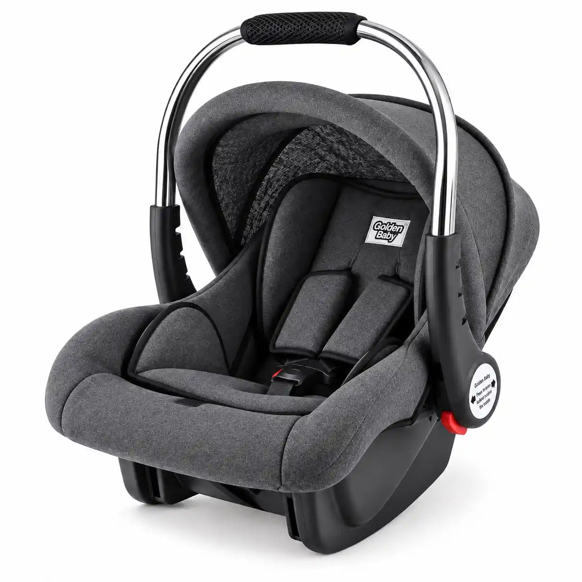 Grey baby carry cot and car seat side view with stainless steel handle and adjustable canopy