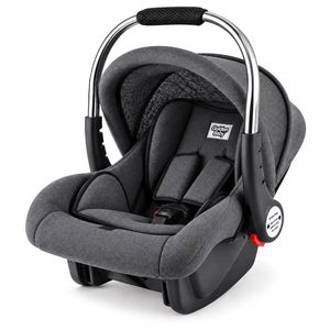 Grey baby carry cot and car seat side view with stainless steel handle and adjustable canopy
