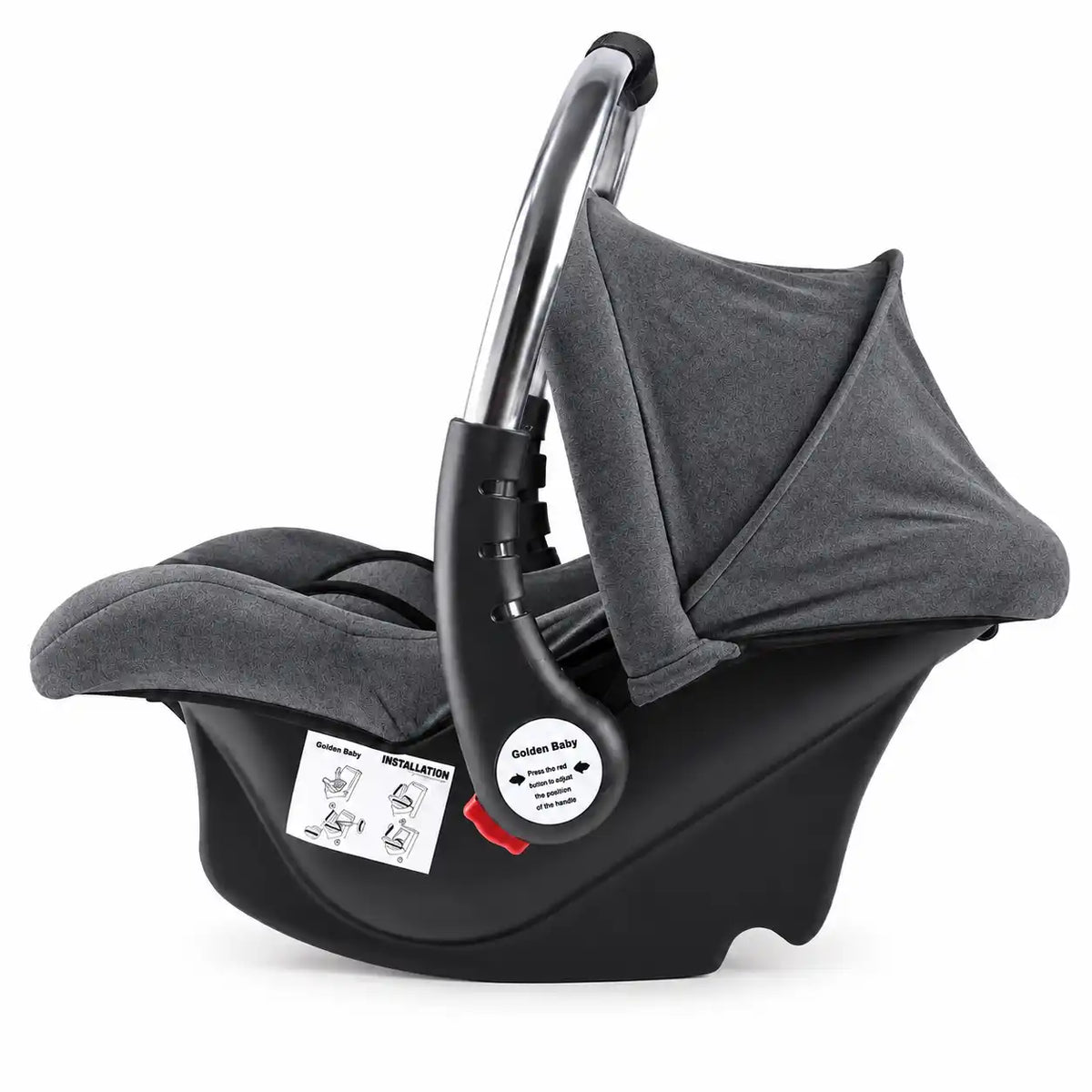 Grey baby carry cot and car seat with stainless steel handle, padded interior and safety straps