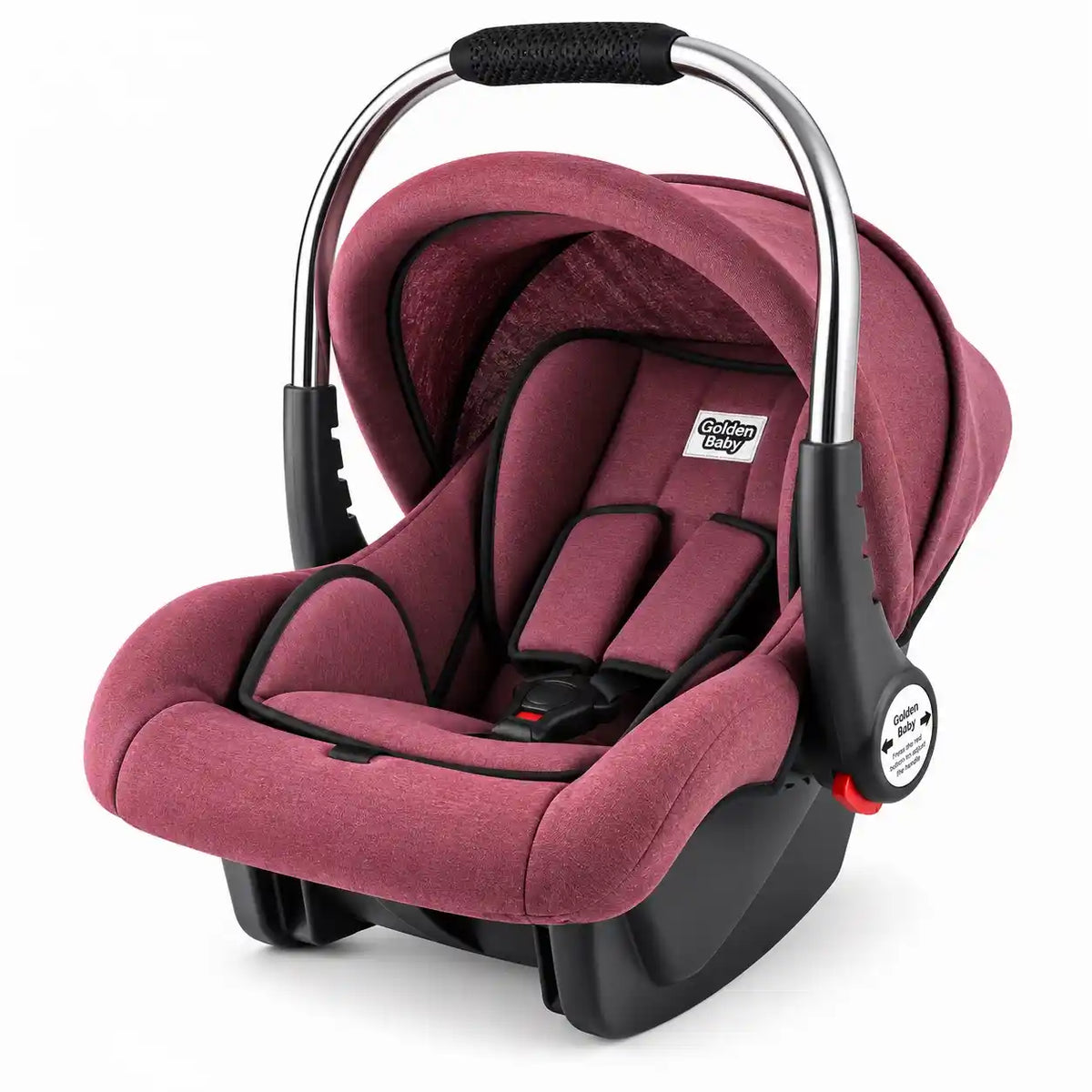 Red baby carry cot and car seat with stainless steel handle, padded interior and adjustable canopy