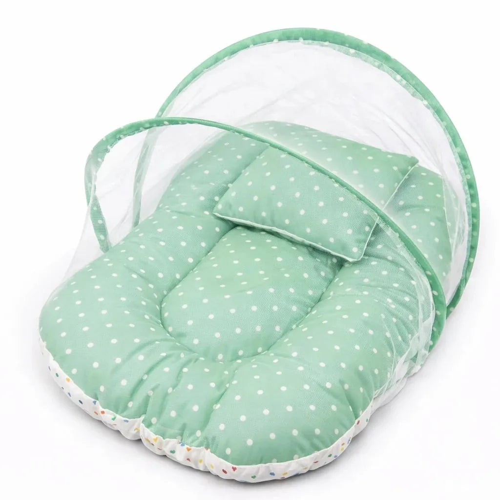 8-Piece Baby Carry Nest Set with Mosquito Net – Green Polka Dot