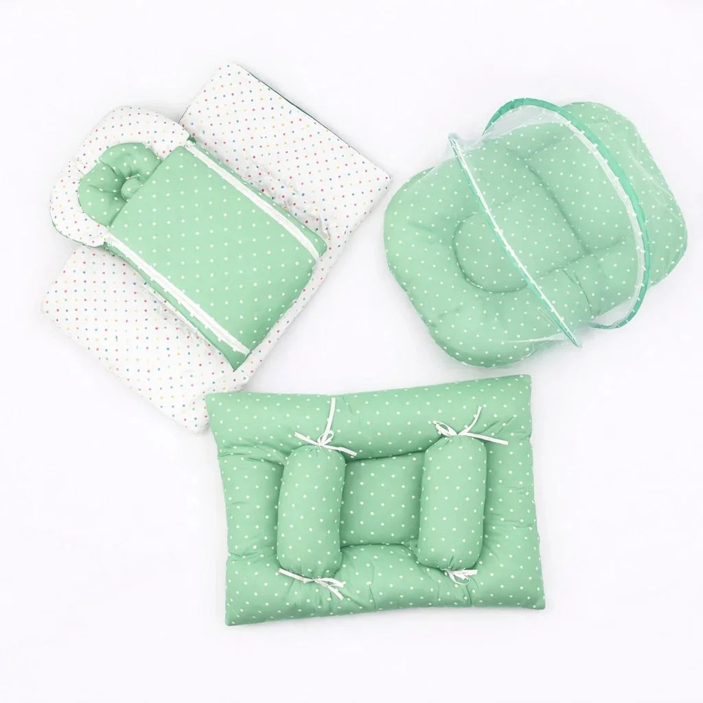 8-Piece Baby Carry Nest Set with Mosquito Net – Green Polka Dot