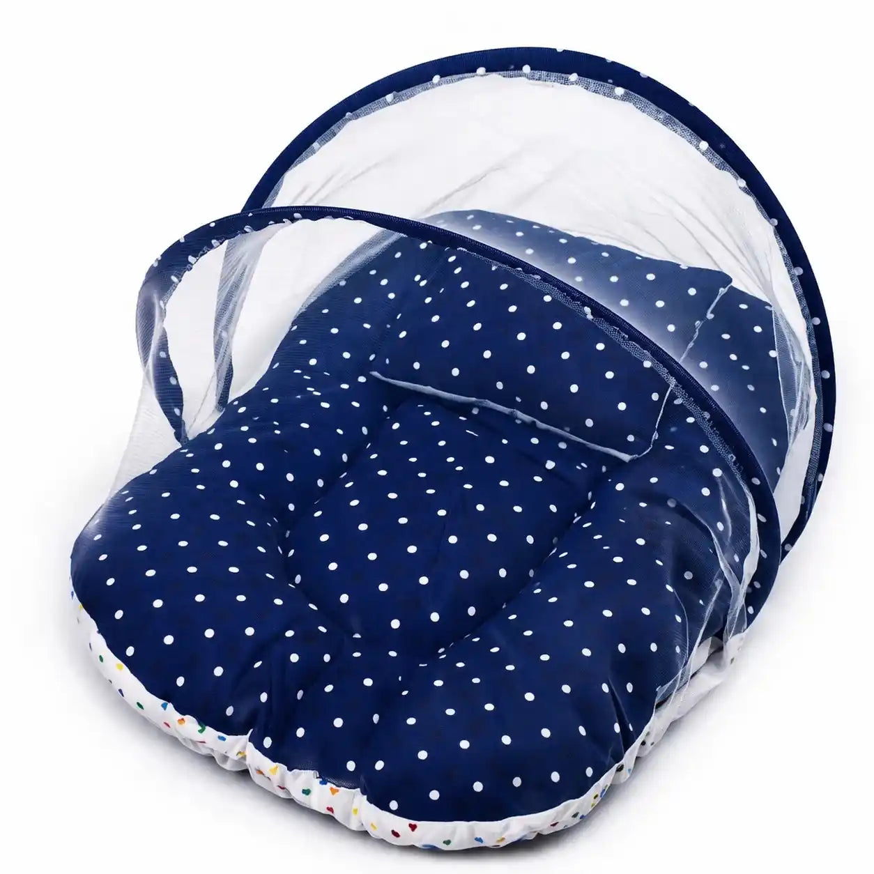 8-Piece Baby Carry Nest Set with Mosquito Net – Dark Blue Polka Dot