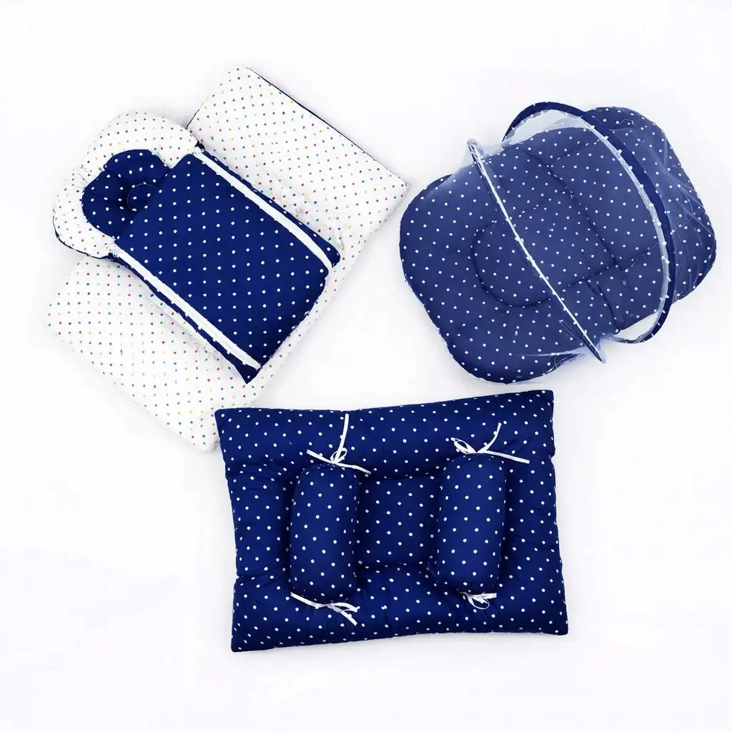 8-Piece Baby Carry Nest Set with Mosquito Net – Dark Blue Polka Dot