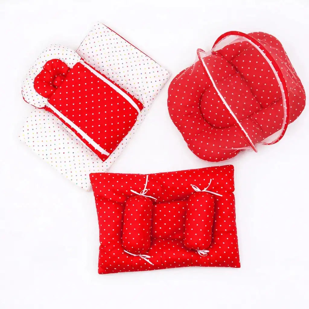 8-Piece Baby Carry Nest Set with Mosquito Net – Red Polka Dot