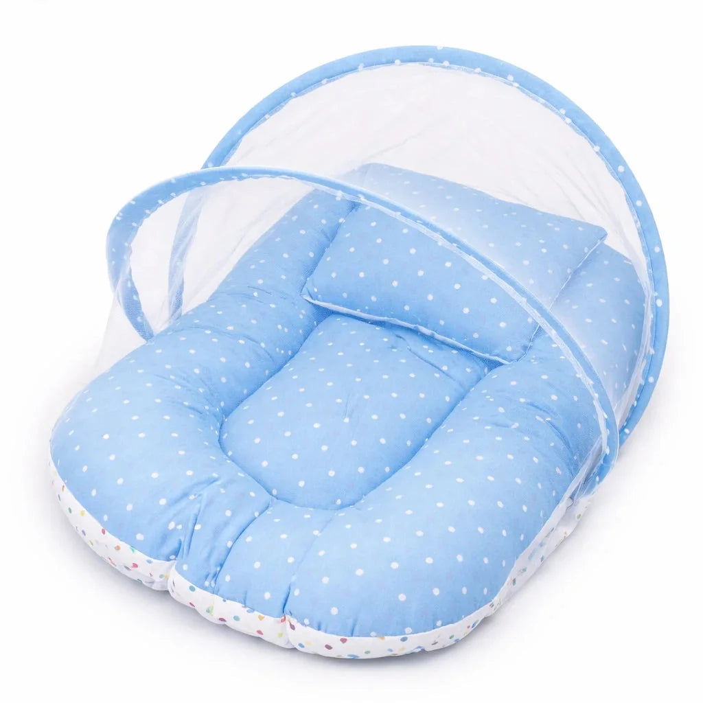 8-Piece Baby Carry Nest Set with Mosquito Net – Sky Blue Polka Dot