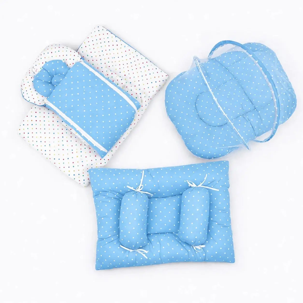 8-Piece Baby Carry Nest Set with Mosquito Net – Sky Blue Polka Dot