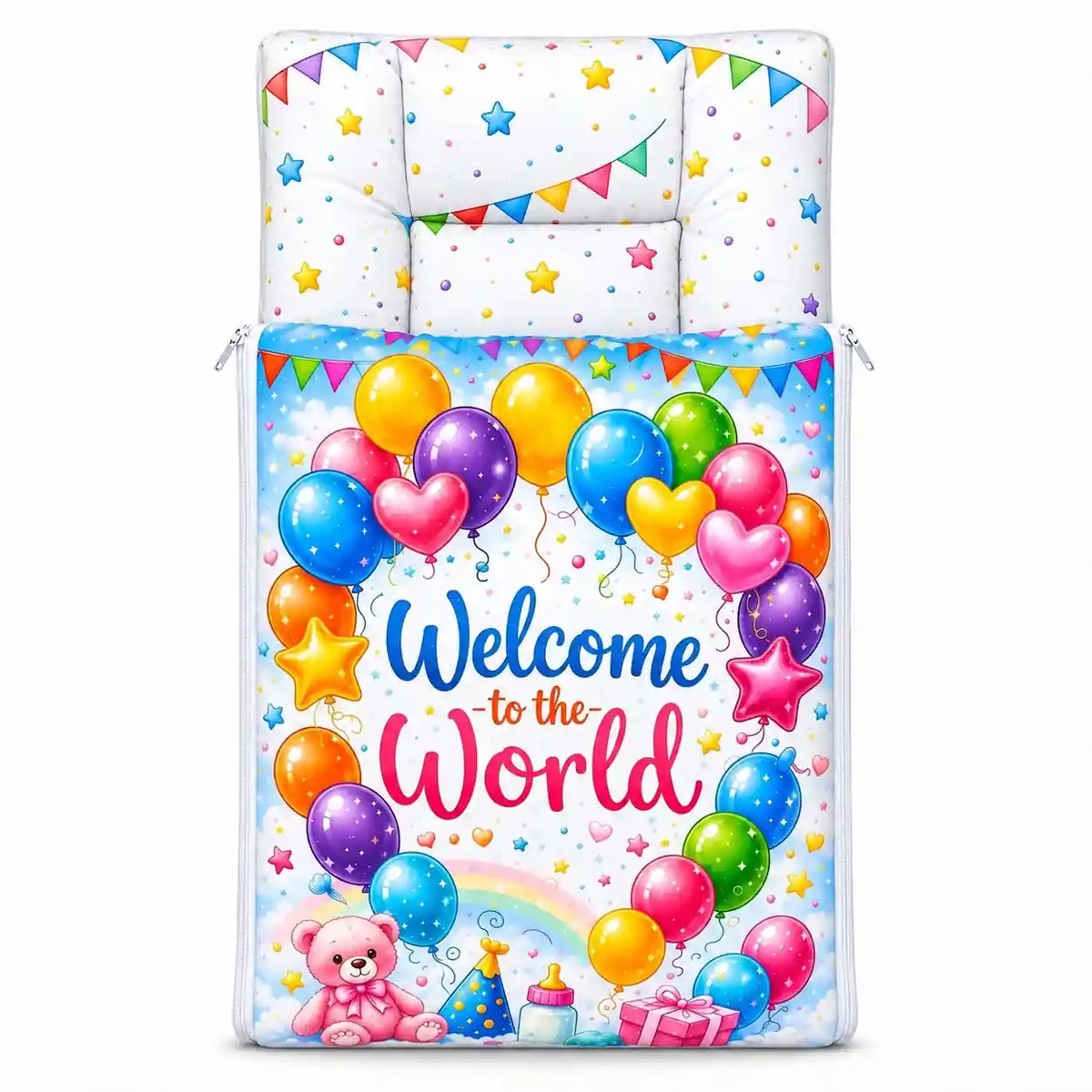 Baby Carry Nest Sleeping Bag Welcome to the World Balloon Design open view 25 × 15 inches