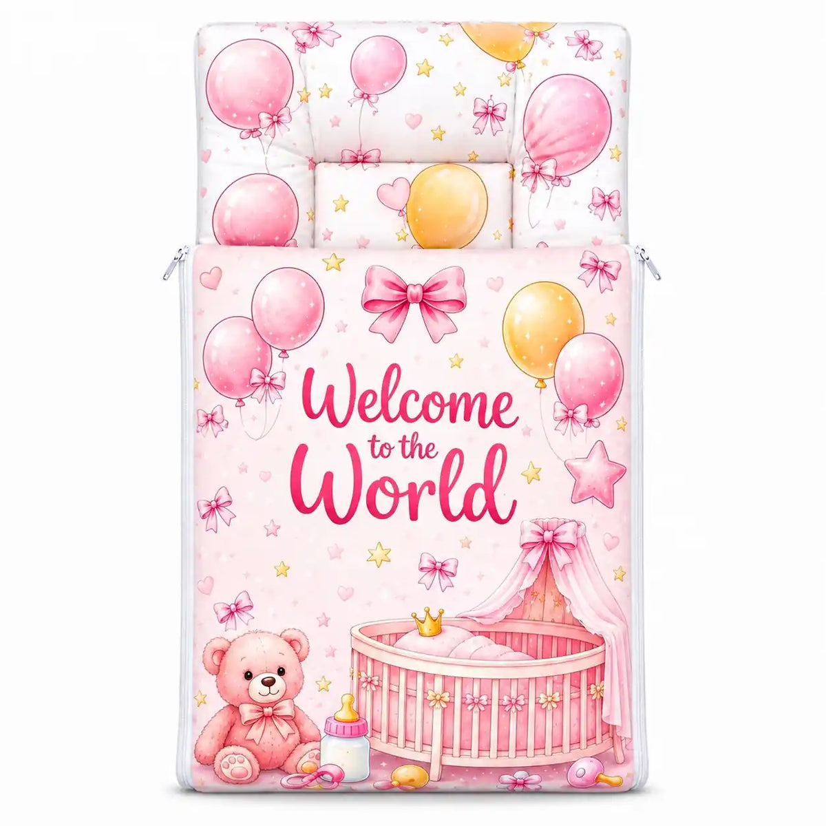 Baby Carry Nest Sleeping Bag Pink Welcome to the World Balloon and Crib Design open view