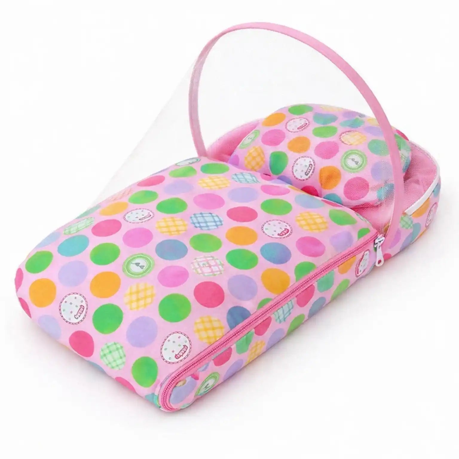 Baby Carry Nest with Mosquito Net – Pink Multicolor Polka Dot