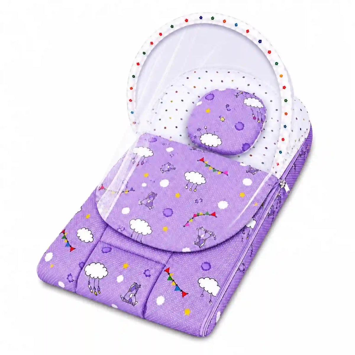 2 in 1 Baby Carry Nest with Mosquito Net in Purple Cloud Print for 0 to 6 Months