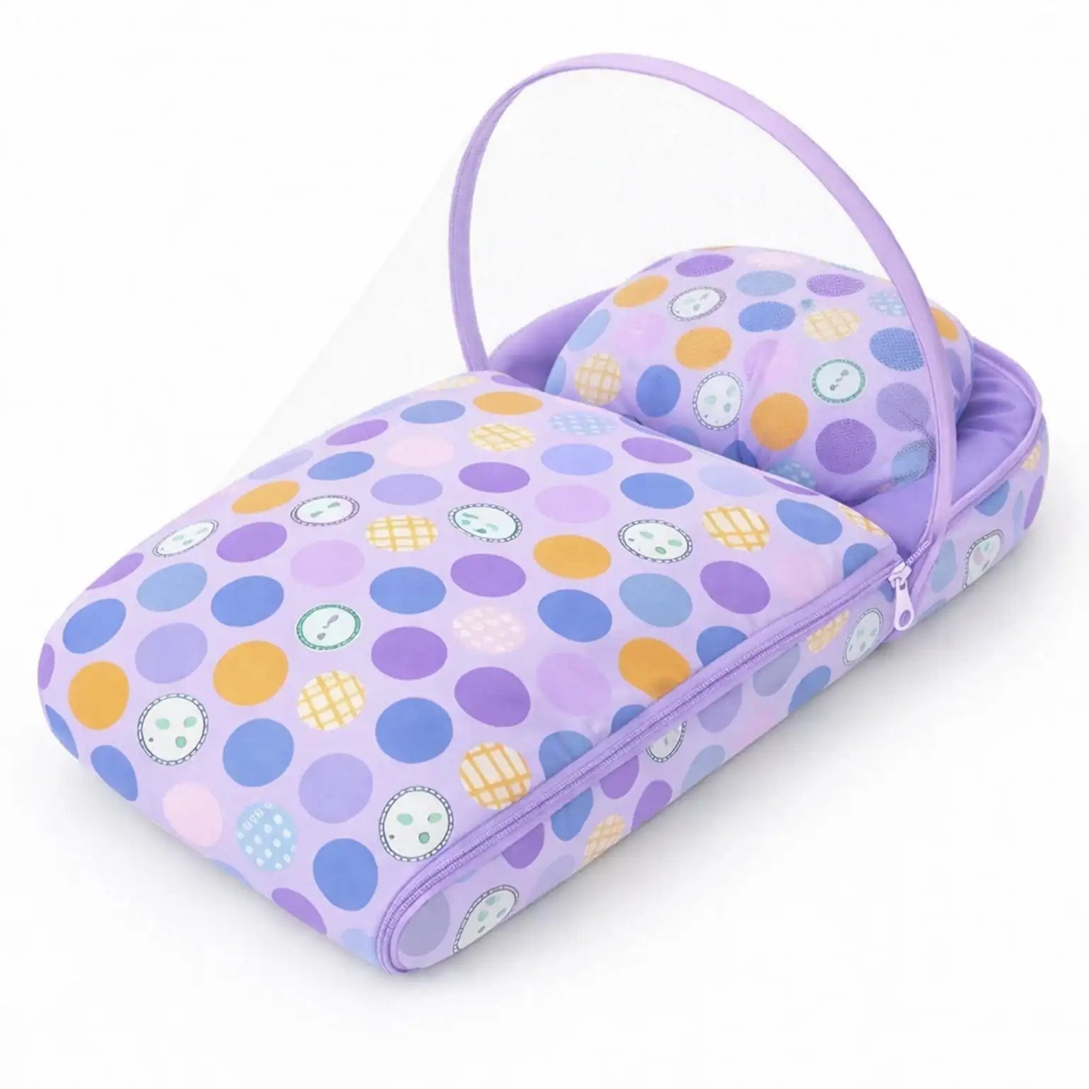 Baby Carry Nest with Mosquito Net – Purple Multicolor Polka Dot