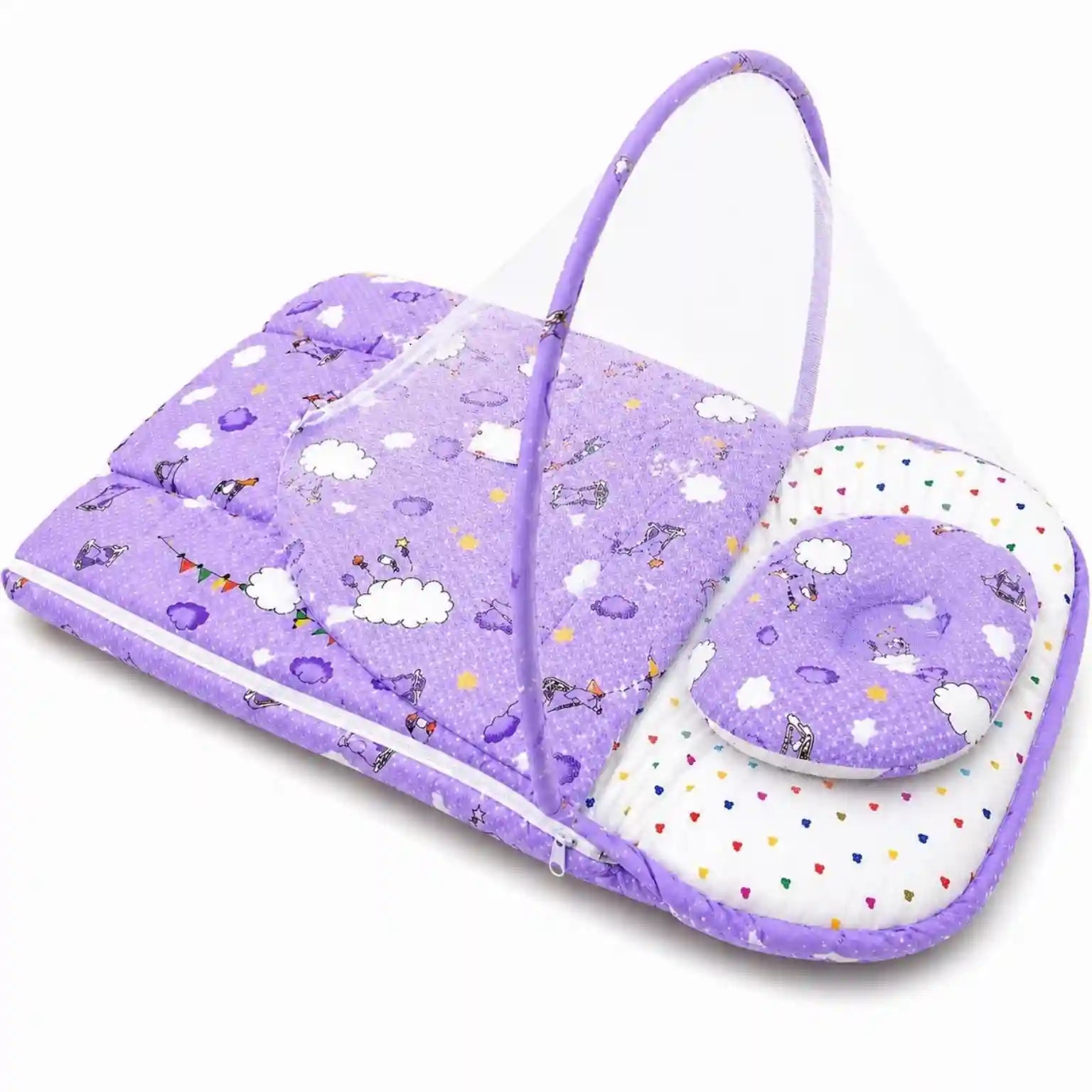 Purple Cloud Print Baby Carry Nest with Open Mosquito Net and Pillow