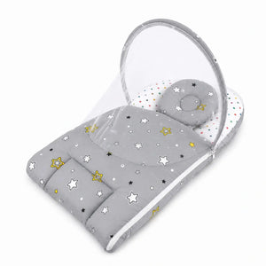 Grey star print baby carry nest with attached mosquito net