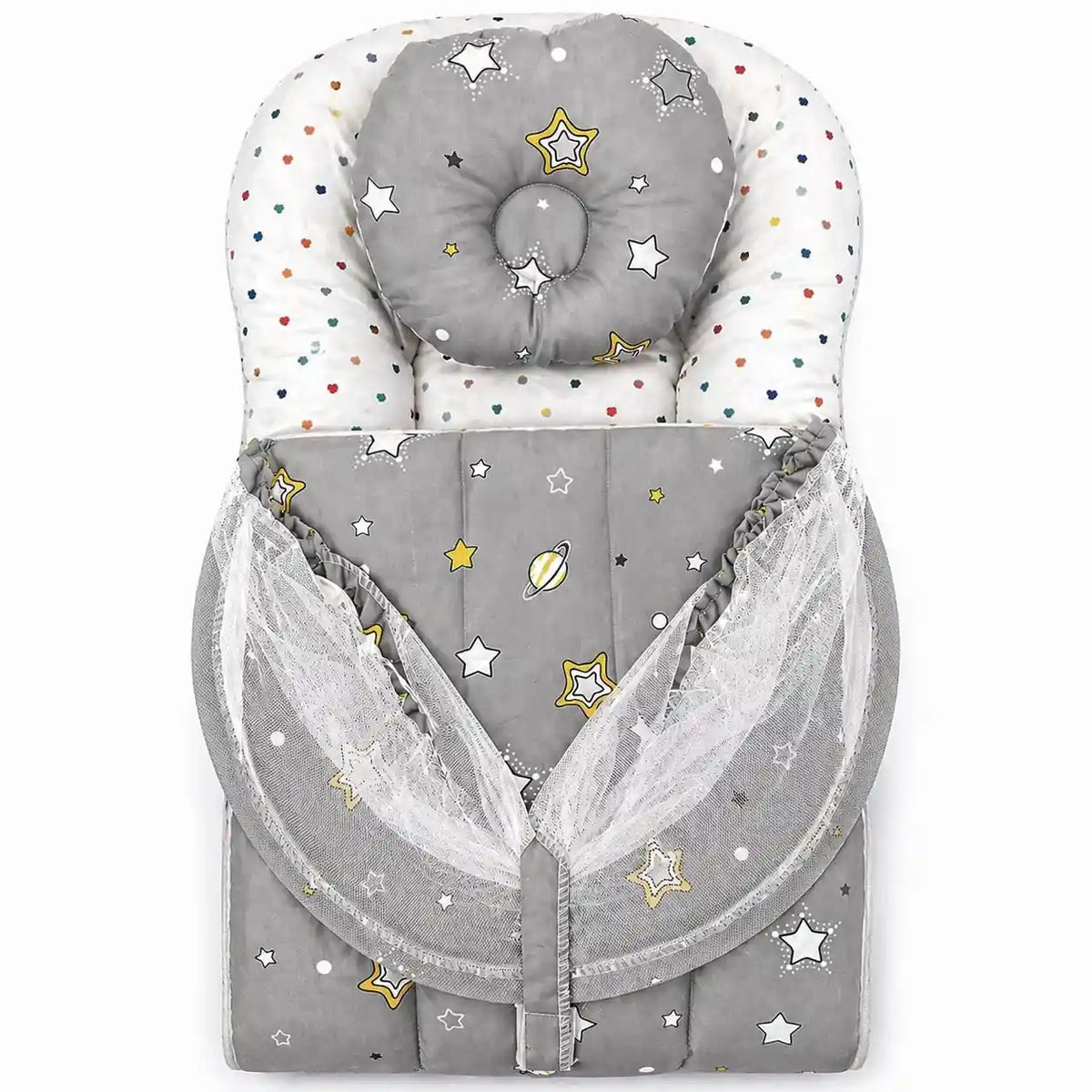 Folded grey star print baby carry nest with pillow and mosquito net