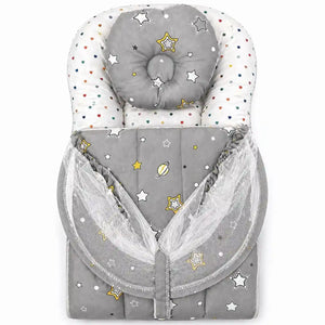 Folded grey star print baby carry nest with pillow and mosquito net