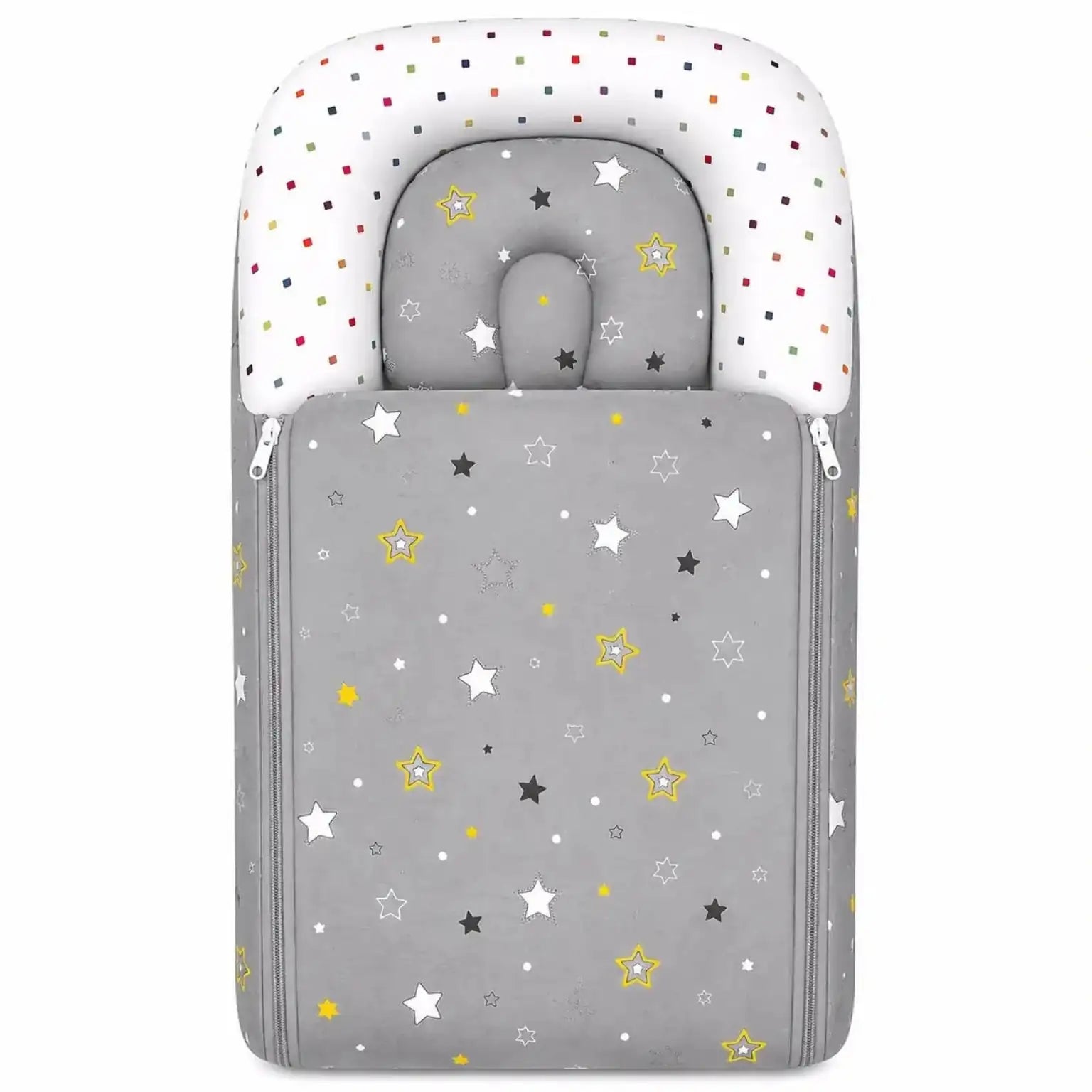 Grey star print baby carry nest with pillow, padded cotton cover and both-side zip for newborns