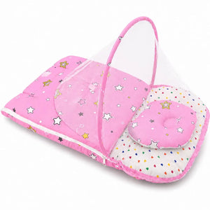 Side view of pink star baby carry nest with protective mosquito net