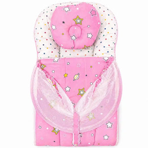 Folded pink star print baby carry nest with pillow and mosquito net
