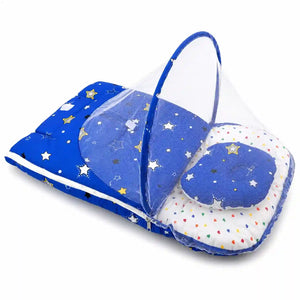 Side view of dark blue star baby carry nest with protective mosquito net