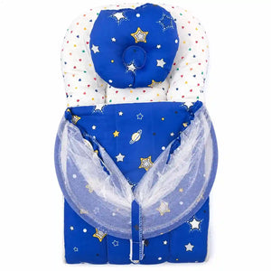Folded dark blue star print baby carry nest with pillow and mosquito net
