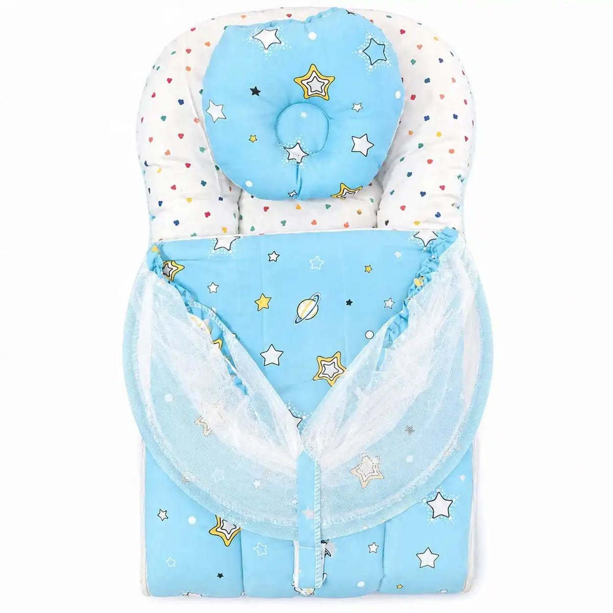 Folded sky blue star print baby carry nest with pillow and mosquito net