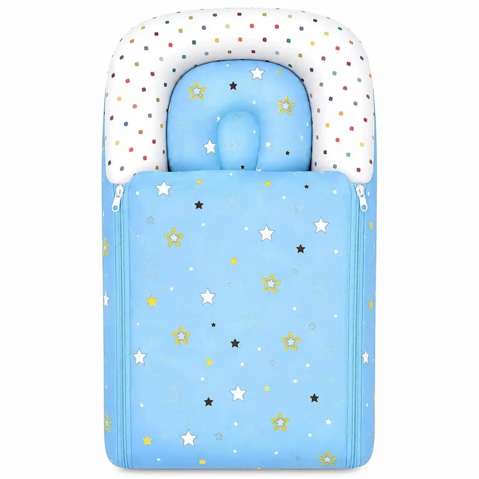 Sky blue star print baby carry nest with pillow, padded cotton cover and both-side zip for newborns
