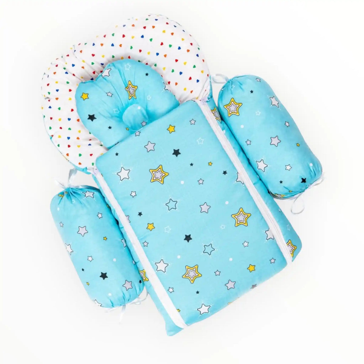 Sky blue star print baby bedding set with mattress, head pillow and two side bolsters for newborns