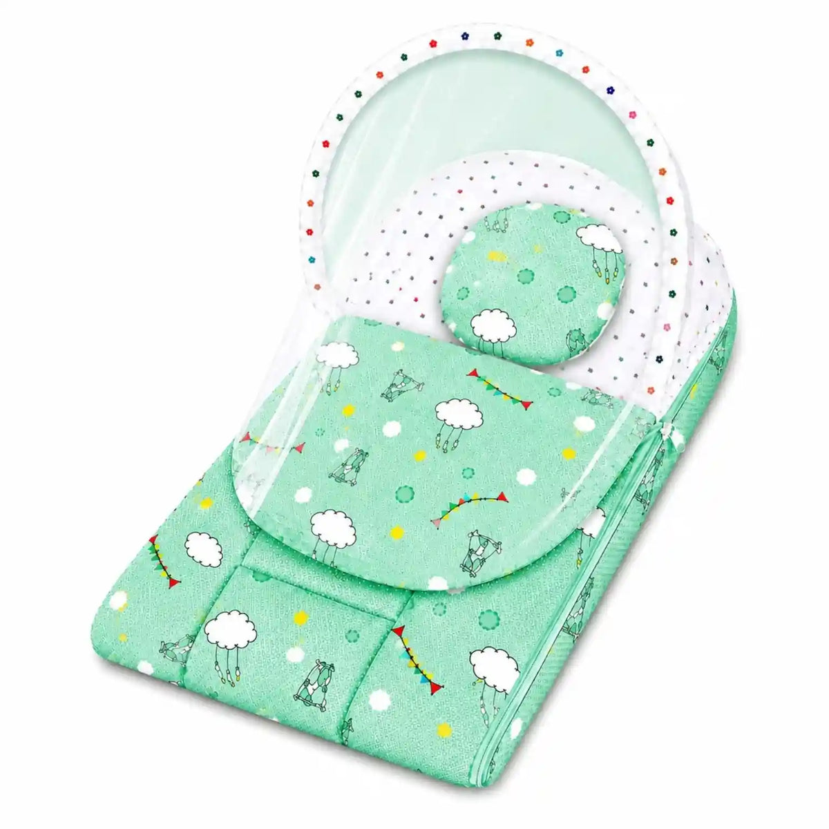 2 in 1 Baby Carry Nest with Mosquito Net in Green Cloud Print for 0 to 6 Months
