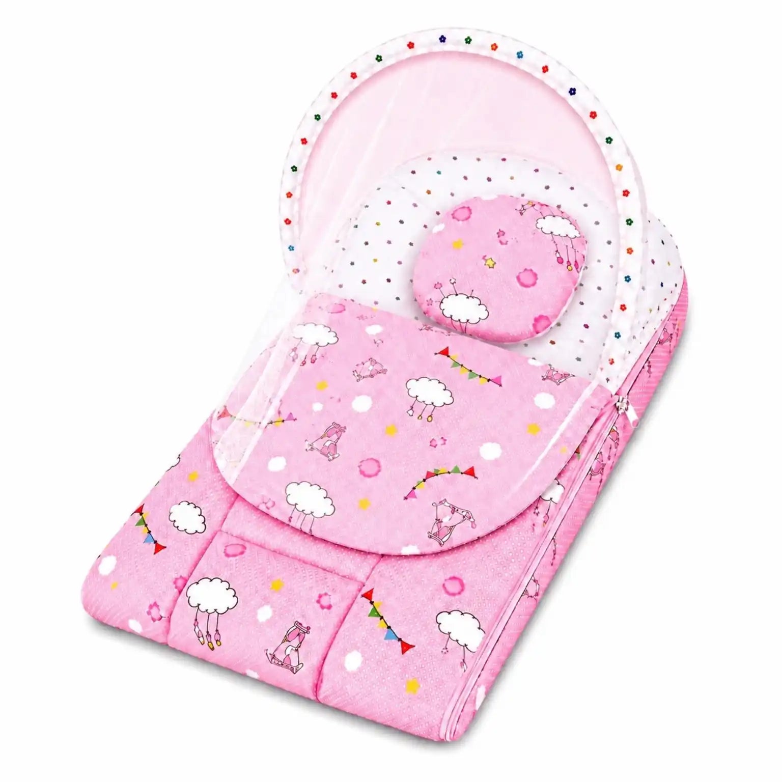 2 in 1 Baby Carry Nest with Mosquito Net in Pink Cloud Print for 0 to 6 Months