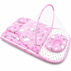 Pink Cloud Print Baby Carry Nest with Open Mosquito Net and Pillow