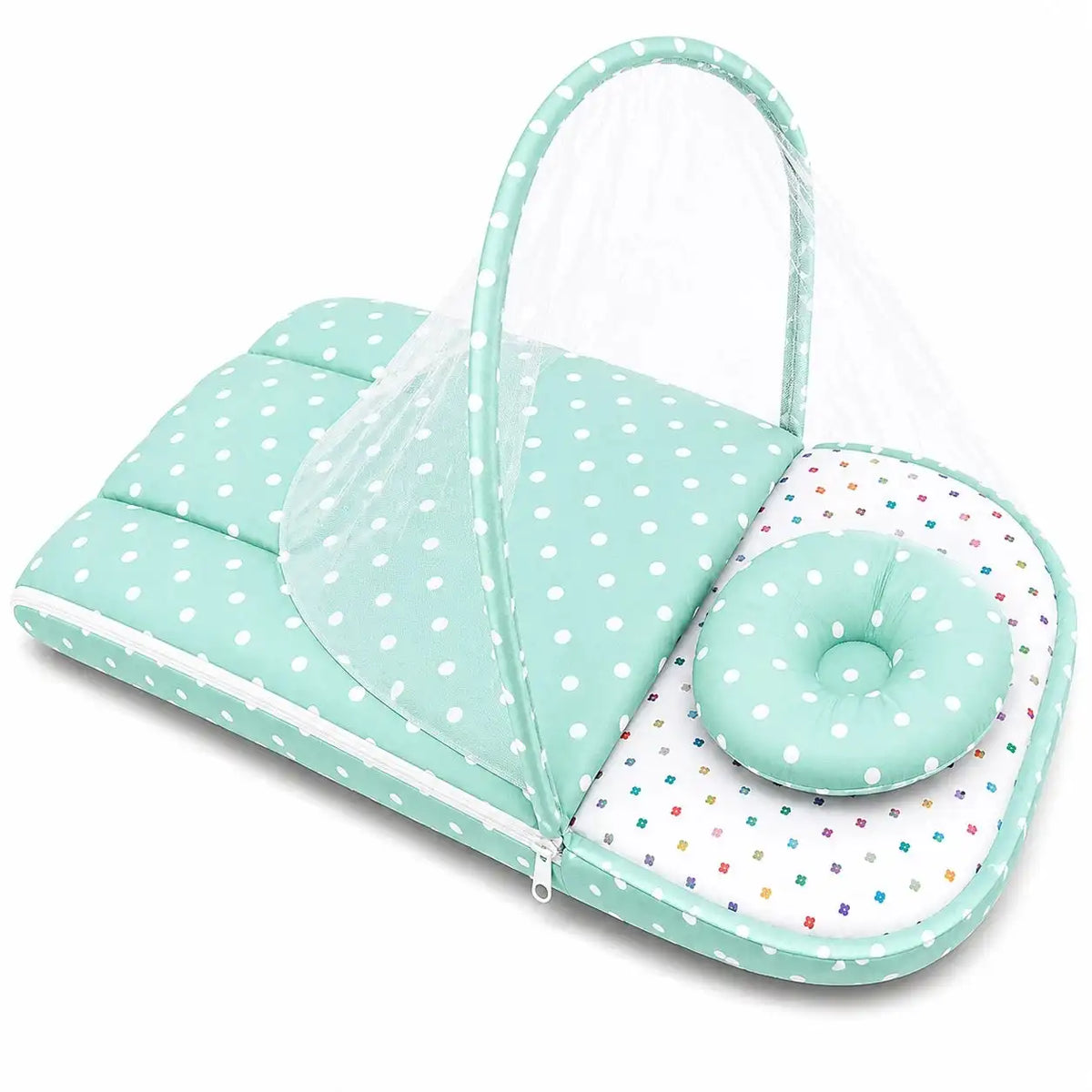 2-in-1 Baby Carry Nest with Mosquito Net Polka Dot Green