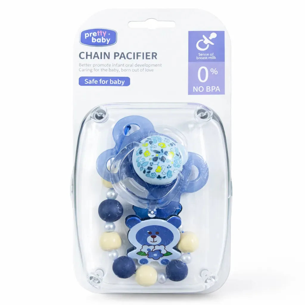 Blue Baby Chain Pacifier with Beads Clip and Anti Drop Holder for Newborns and Infants