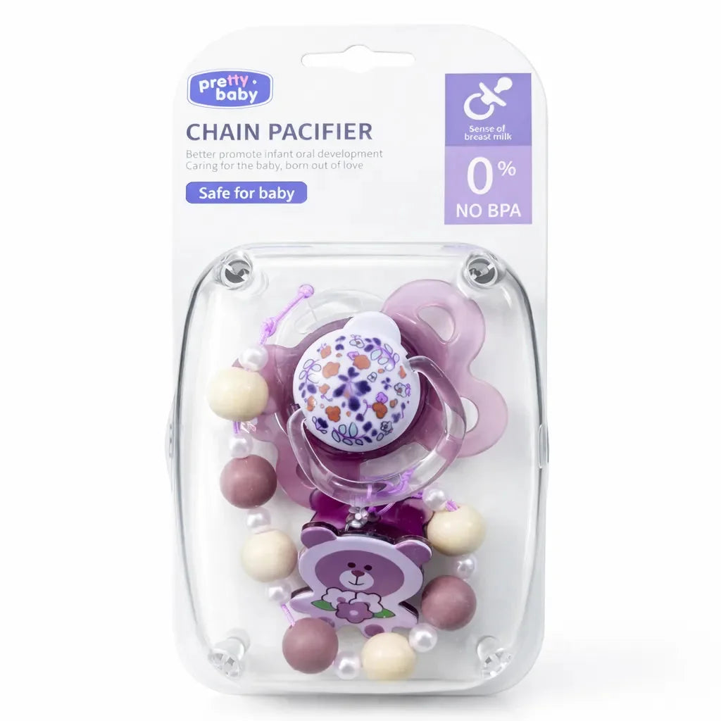 Purple Baby Chain Pacifier with Beads Clip and Secure Anti Drop Chain for Babies