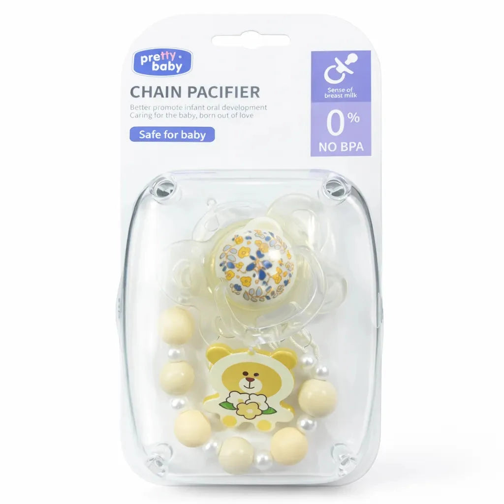 Yellow Baby Chain Pacifier with Decorative Beads Clip and Lightweight Pacifier Holder
