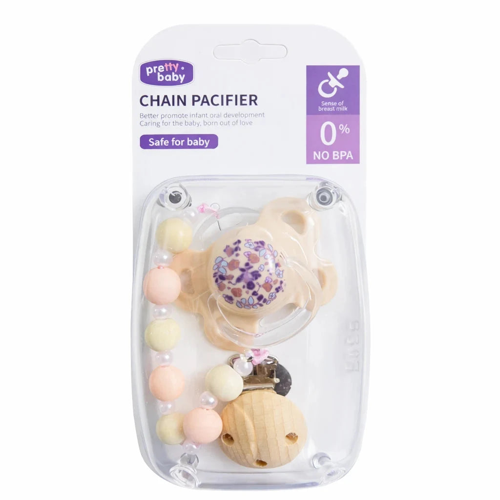 Beige Baby Chain Pacifier with Beaded Clip Chain and Soft Nipple for Newborns and Infants