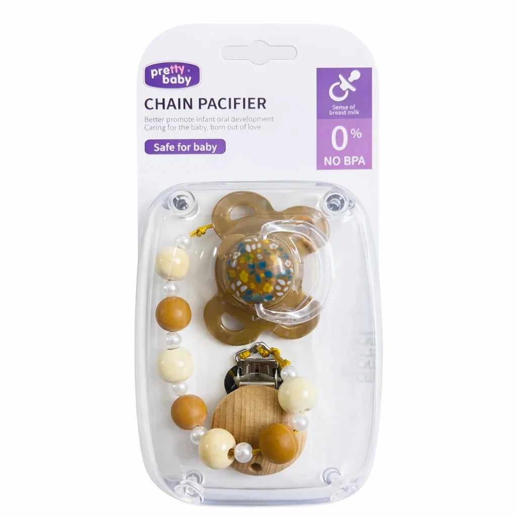 Brown Baby Chain Pacifier with Decorative Beads and Strong Clip Holder for Everyday Baby Use