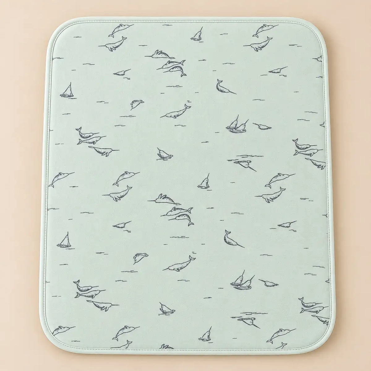 Light mint baby changing sheet with whale, dolphin and sailboat print