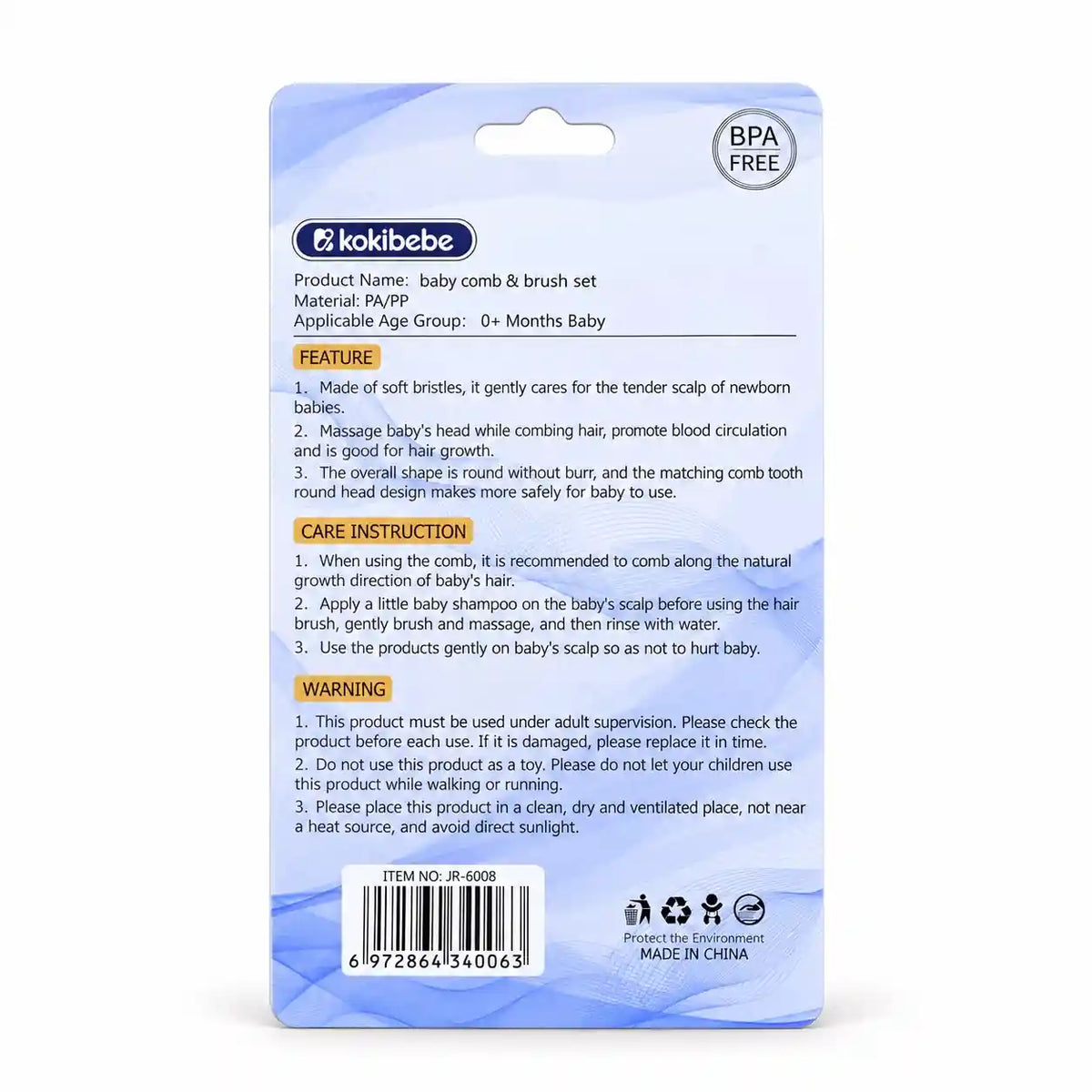 Kokibebe Baby Comb and Brush Set BPA-Free Packaging Back View