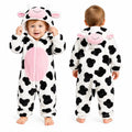 Cow Soft Fleece Hooded Winter Romper showing front pink belly panel, black and white cow print, animal character hood and matching back design